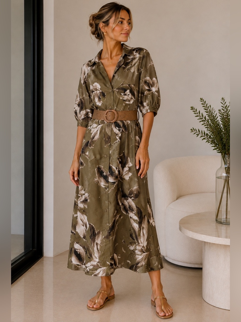 Donna Karan Olive Floral Button-Front Maxi Dress